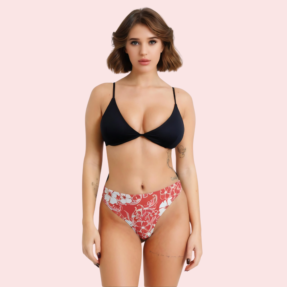 Red & White Floral Print High-Cut Thong Bikini Bottom (Bottom Only) - product image 1