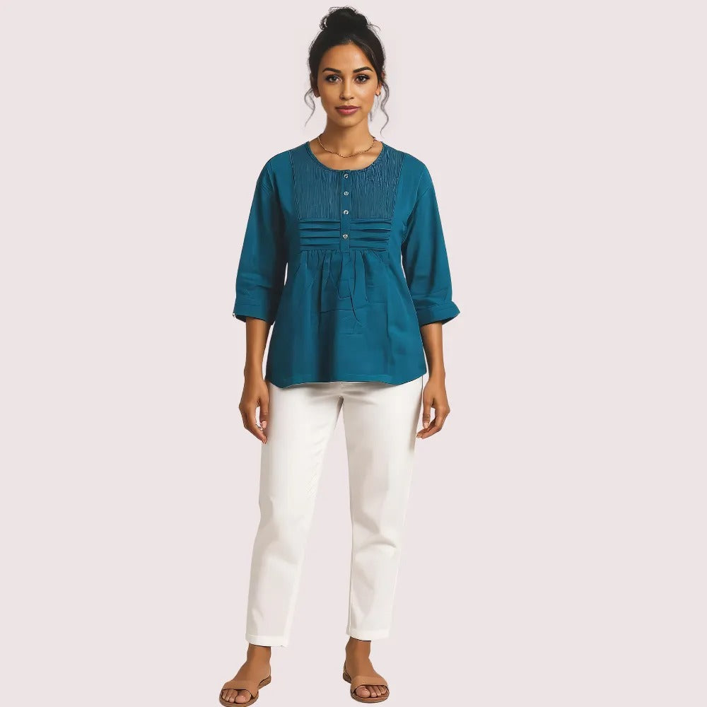 Teal Pintuck Detail Cotton Tunic Top - product image 1