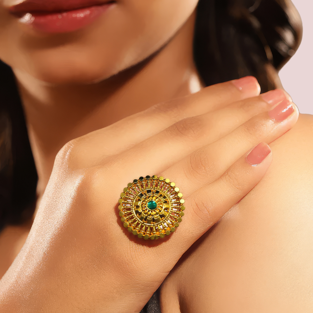 Traditional Gold-Plated Circular Statement Ring With Green Stone - product image 1