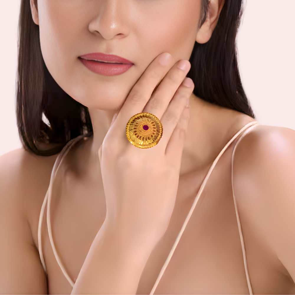 Ethnic Floral Medallion Gold-Tone Ring With Center Accent - product image 1