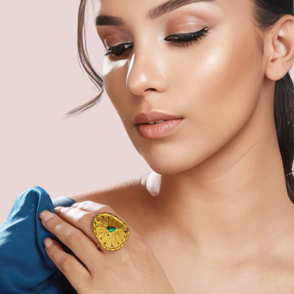 Gold-Plated Sunburst Ring With Green Gemstone - product image 1