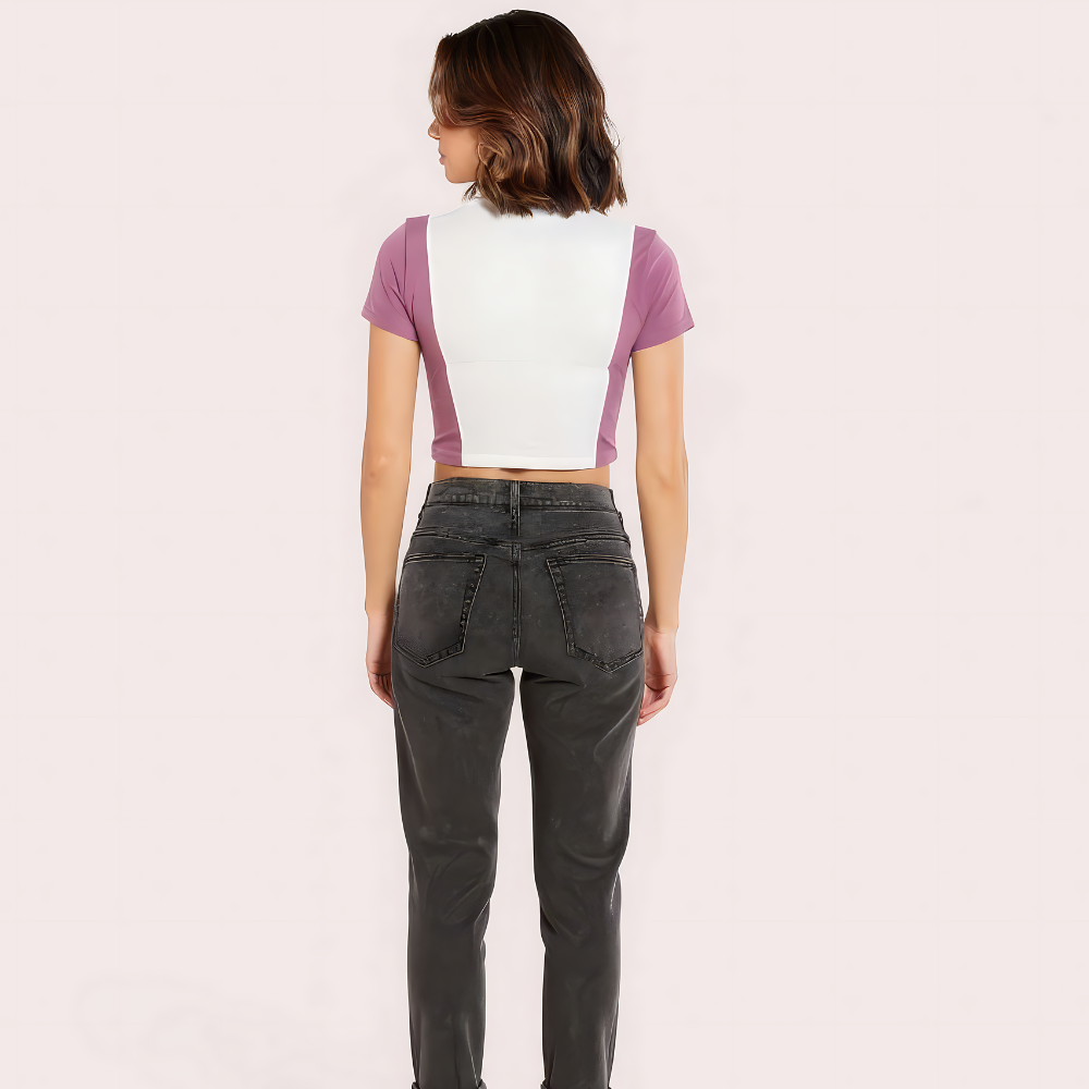 Campus Vibes Colorblock Zip Crop Top - Lilac & White - product image 2