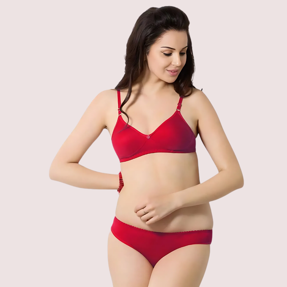 Cute Solid Red Pure Cotton Bra Panty Set - product image 1