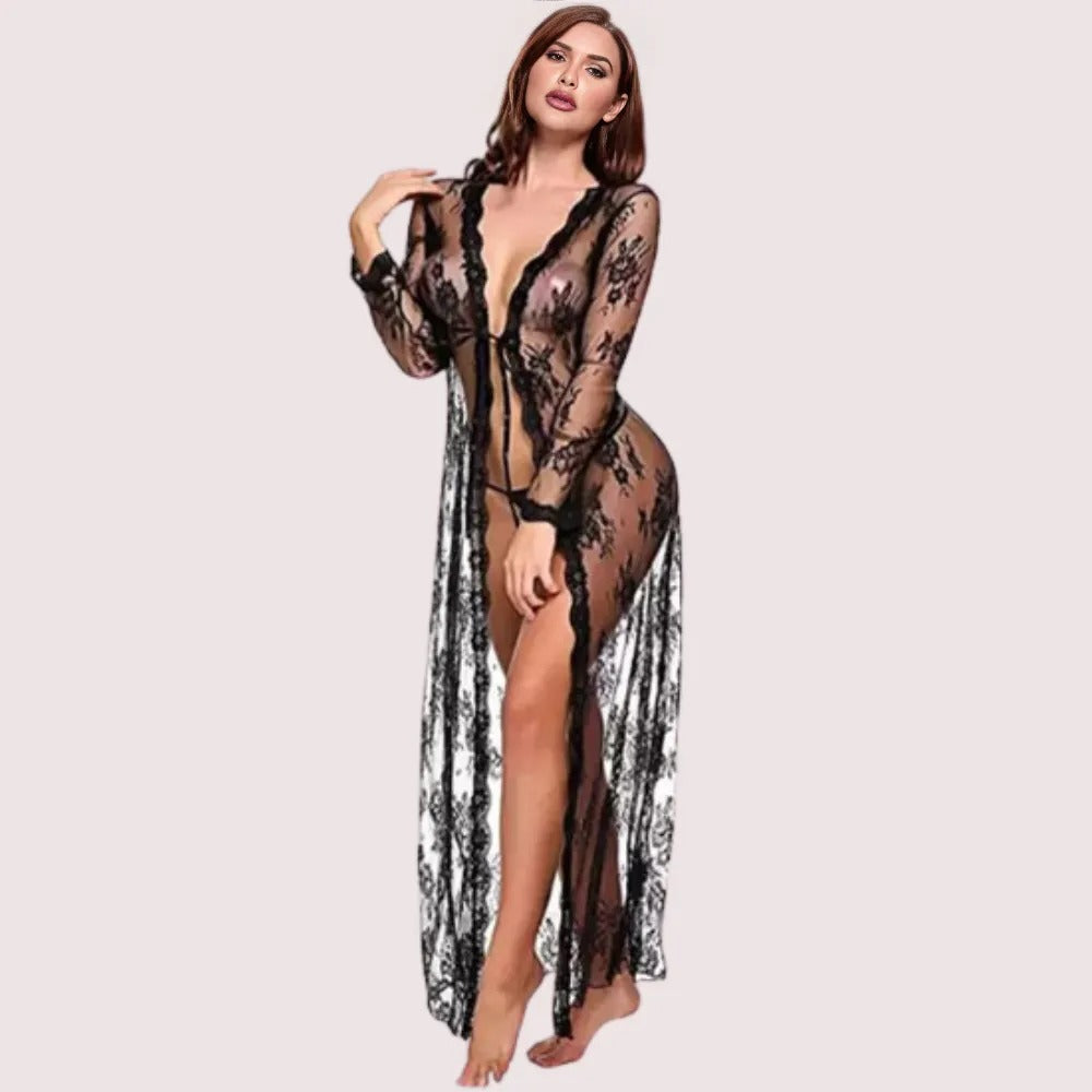 Floral Lace-Trimmed Black Transparent Robe - product image 1